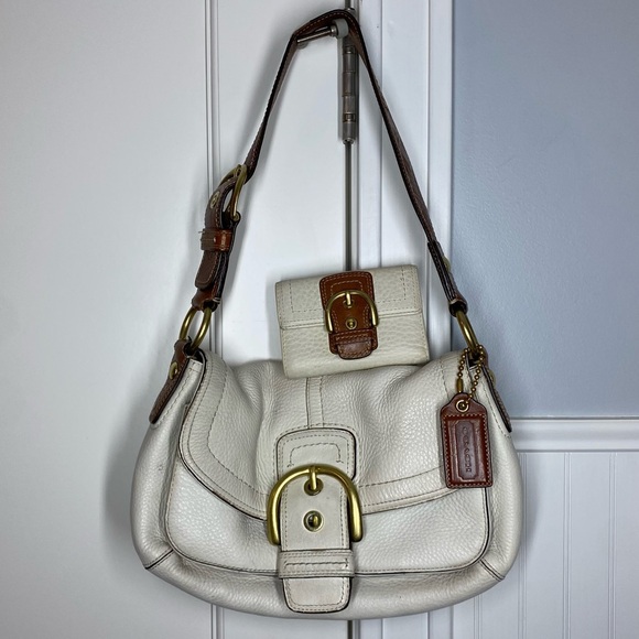 Y2K Coach Soho Shoulder Bag White Brown Front Buckle Flap Hobo Purse & Wallet - Picture 1 of 13